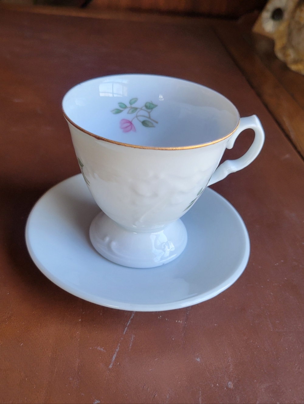 Vintage coffee espresso cup and plate White With Flowers Pink